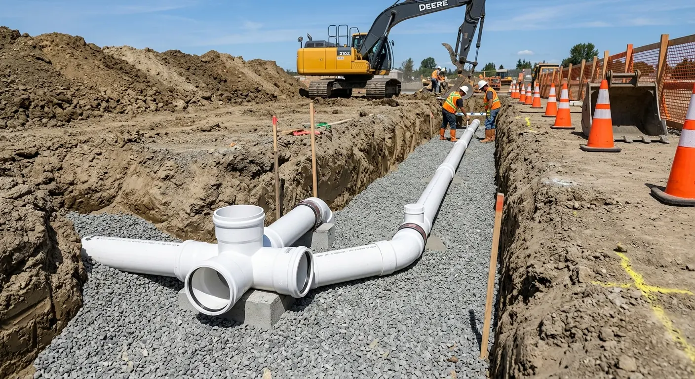 New PVC sewer pipe installation in open trench for Grease Trap Cleaning in Nephi