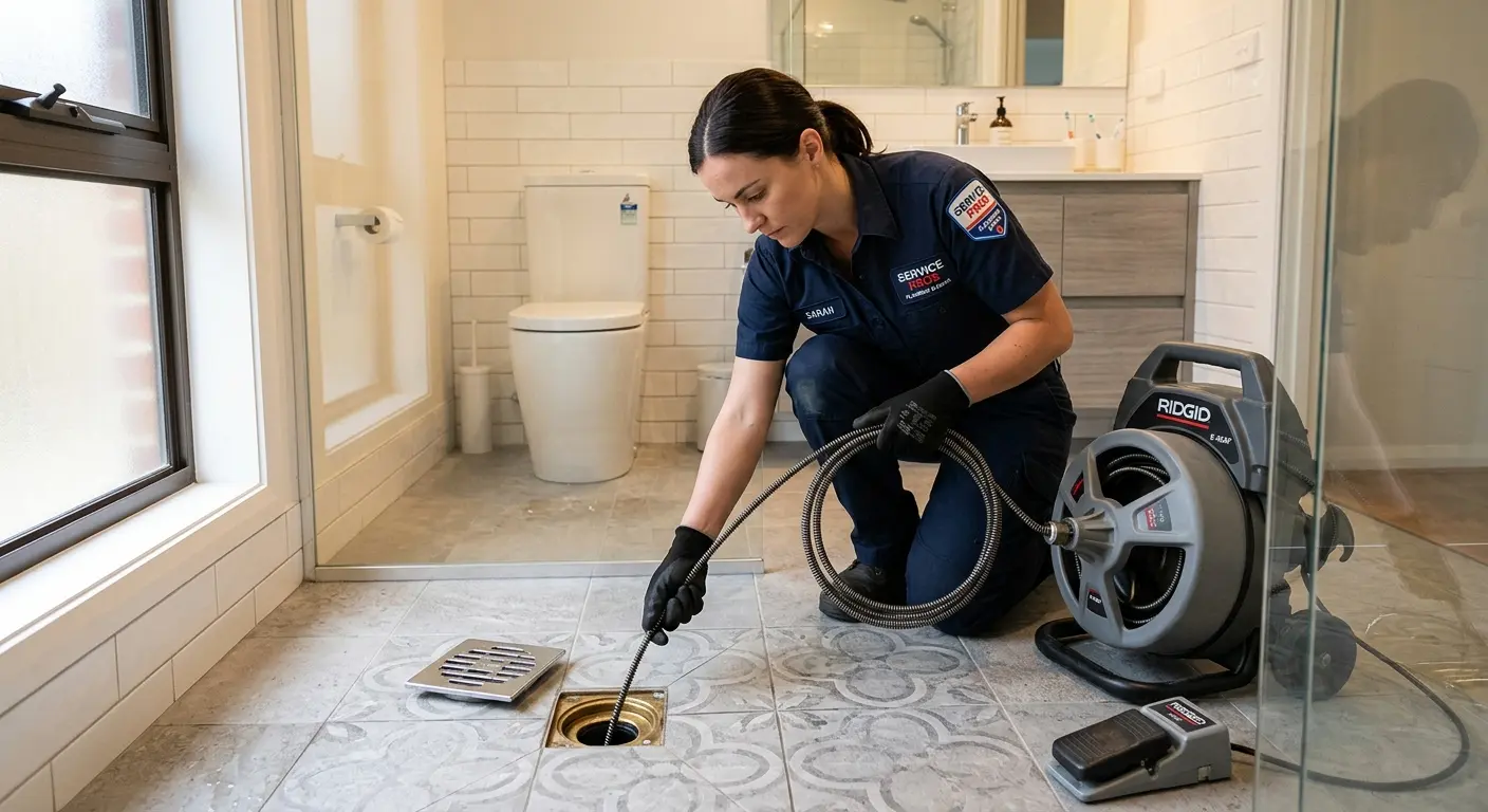 Technician clearing a bathroom floor drain for Sewer Line Replacement in Nephi